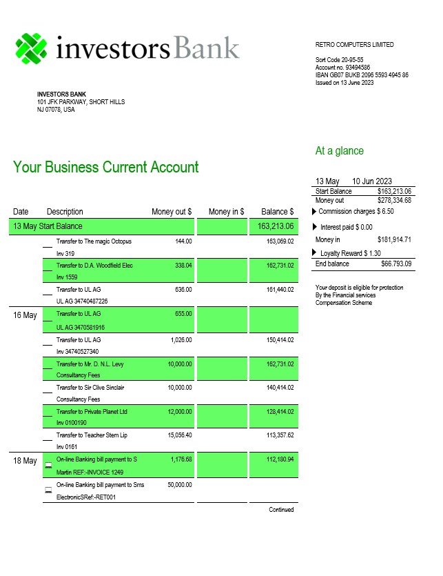 Modèle Word et PDF de relevé de compte courant d'entreprise de la Banque Investors